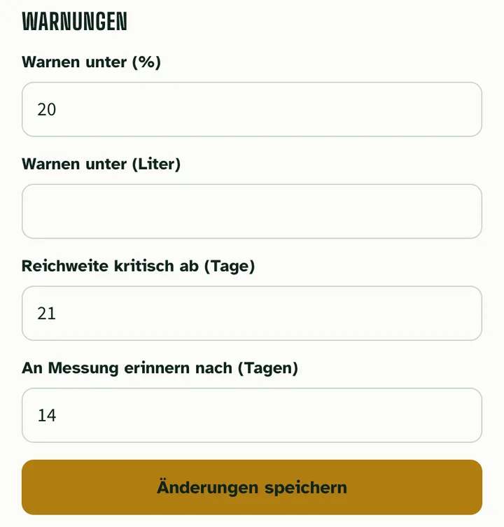 Einstellungen „Warnungen“: Warnen unter Prozent oder Litern, Reichweite kritisch ab Tagen, Erinnerung an die Messung nach Tagen